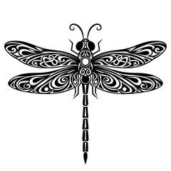 Tribal Style Black Dragonfly Illustration With Intricate Wing Patterns And Swirling Celtic Motifs