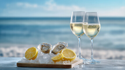 Fresh oysters and white wine on ice with lemon slices against a serene beach backdrop, perfect for summer dining and coastal celebrations.