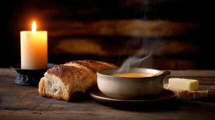 Warm rustic bread with butter beside a steaming bowl of soup and a glowing candle illuminated in a cozy setting on wooden table