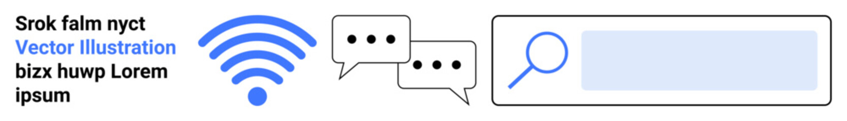 Obraz premium Digital communication, online search, wireless technology, messaging platform, internet usage, information sharing. wireless icon, speech bubbles magnifying glass in search bar. Digital