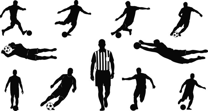 Soccer silhouettes, dynamic player poses, referee in center, black and white sports illustration, football action, athletic movement, game roles, competitive energy