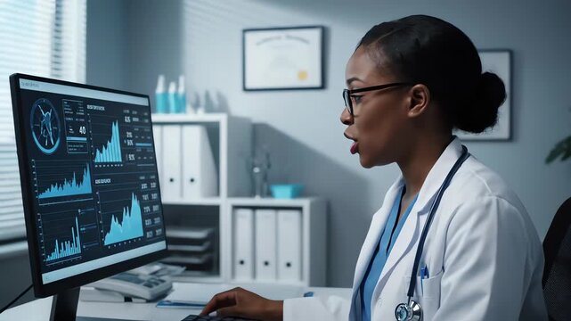 A focused African American female doctor analyzing medical data on a computer screen in a modern office with a professional mood.