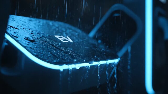 Close-up of a wet, illuminated car roof with rain droplets and a logo in a dark, cinematic scene with blue tones.
