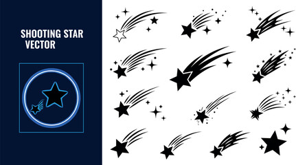 Set of dynamic shooting star vector silhouettes with motion streaks, sparkles, cosmic trails, meteors, space elements, and celestial graphic design symbols © PUTUL