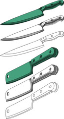 set of kitchen tools featuring a chef's knife and a meat cleaver. Designed in a clean, vintage etching style.Perfect for culinary branding, restaurant menus, and cooking blog graphics.