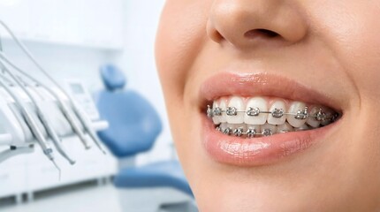 Close up of smiling woman wearing metal dental braces in modern orthodontic clinic, highlighting teeth alignment treatment, oral healthcare procedure, and confident smile transformation concept.