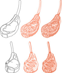 set of tomahawk steak illustrations in traditional engraving style.raw beef and pork chops with long ribs.perfect for rustic culinary branding and meat shop packaging.