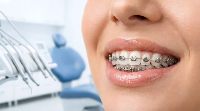 Close up of smiling woman wearing metal dental braces in modern orthodontic clinic, highlighting teeth alignment treatment, oral healthcare procedure, and confident smile transformation concept.