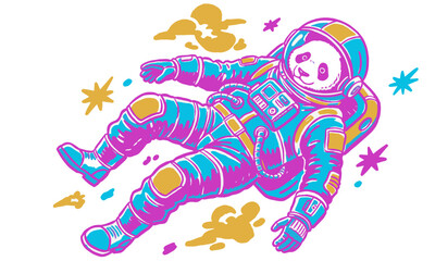 Fototapeta premium Pop art panda astronaut. Space cosmic illustration in retro vintage style. Animal character in neon colors for t-shirt print, sticker, poster design.