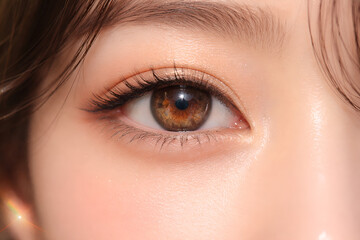 Fototapeta premium Macro close-up of a beautiful brown female eye with mascara on long eyelashes and professional makeup highlighting the iris and eyebrow skin for a high-fashion vision look