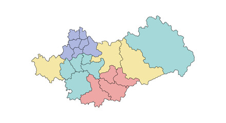 Obraz premium Colorful regional map illustration highlighting pastel bordered districts and regions.
