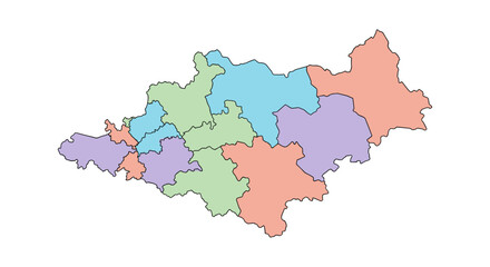 Fototapeta premium Colorful regional map with segmented districts and pastel tones illustrating geographic partitions.