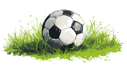 Fototapeta premium Vibrant Hand-Drawn Illustration of a Football Nestled in Lush Green Field Grass on White Background, Symbolizing Sports and Active Play