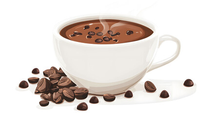 Hot chocolate in a white mug with coffee beans scattered around, a delightful beverage illustration