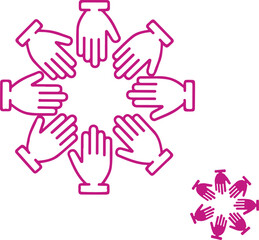 Fototapeta premium An illustration of eight hands arranged in a circular formation representing teamwork and unity isolated on white background, illustration