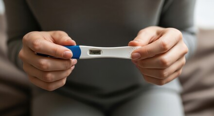 Close-up of hands holding a digital pregnancy test with positive result.