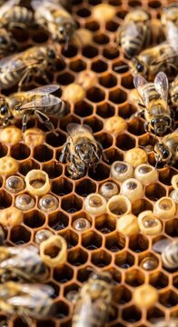Close-up of Honeycomb with Bees and Larvae in Cells.