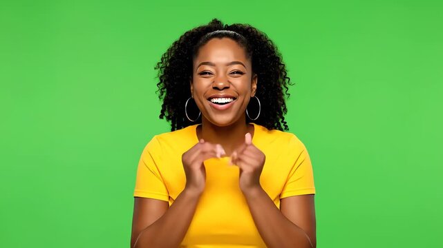 Close-up portrait of a cheerful young woman with curly hair wearing a yellow t-shirt, gesturing with both hands against a bright green background with a lively and energetic mood.