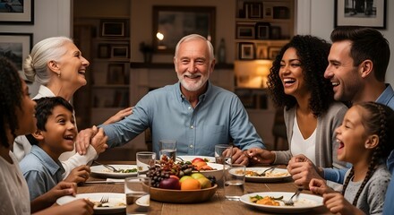 Fototapeta premium Happy multi generation family sharing dinner at home for togetherness concept and warm celebration of diverse people having meal together