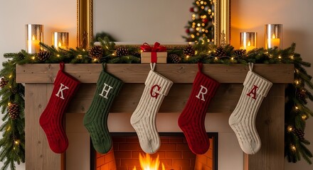 Five personalized knitted Christmas stockings monogrammed with initial letters K H G R A hanging above a warm glowing fireplace on transparent background