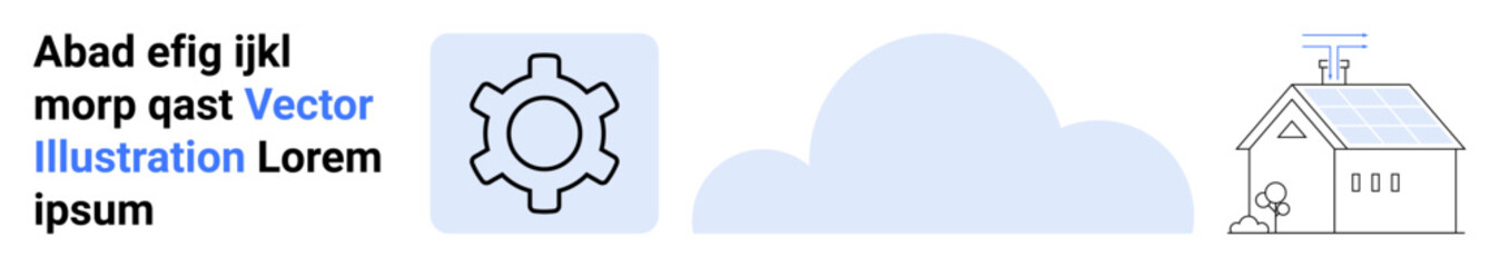 Gear icon, cloud design, and solar-powered house with panels. Ideal for technology, environment, sustainability, renewable energy, innovation, clean energy simple landing page