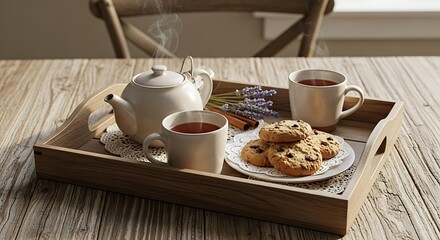 Steaming hot tea service featuring a ceramic teapot and matching mugs with chocolate chip cookies resting on a rustic wooden tray on transparent background