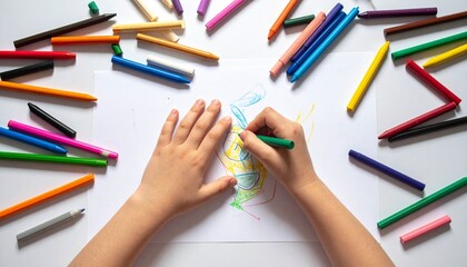 Naklejka premium hands drawing with colorful crayons on white paper, messy 