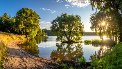 Obraz premium Serene Lake Scene at Sunset with Trees.