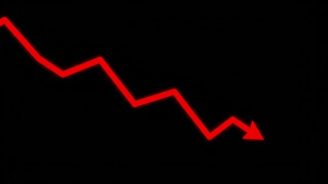 A downward trending red line graph on a black background in a video analysis of financial data