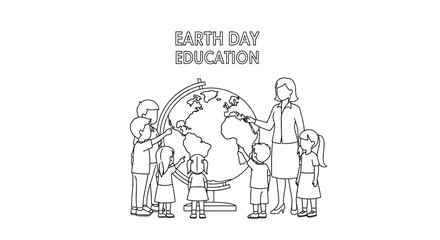 Earth Day Education: Teacher and Children Studying Globe for Environmental Awareness