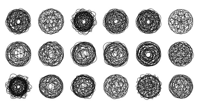 abstract hand-drawn tangled scribble line balls in various forms symbolizing complex thoughts problems confusion and brainstorming ideas.