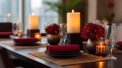 Elegant dining table setting with candles, flowers, and red accents for romantic dinner or special occasion, showcasing warm ambiance and stylish decor