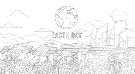 Obraz premium Earth Day Renewable Energy: Solar Panels, Wind Turbines, Globe, Nature Illustration