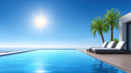 Fototapeta premium Serene Infinity Pool with Palm Trees Against Bright Blue Sky and Sunlit Ocean Waves in Modern Luxury Setting