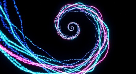 Abstract glowing neon pink and cyan particle streams twisting gracefully into a hypnotic logarithmic spiral pattern against deep black on transparent background