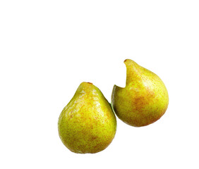 Two pears; one bitten, green & speckled, against a black background