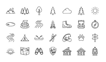 Nature and Outdoor Recreation Line Icon Set – Camping Hiking Adventure Collection © Mstshneha