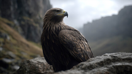 Majestic Eagle Perched on Rocky Outcrop Overlooking Dramatic Landscape with Mountains and Cloudy Sky in the Background, Nature at Its Finest