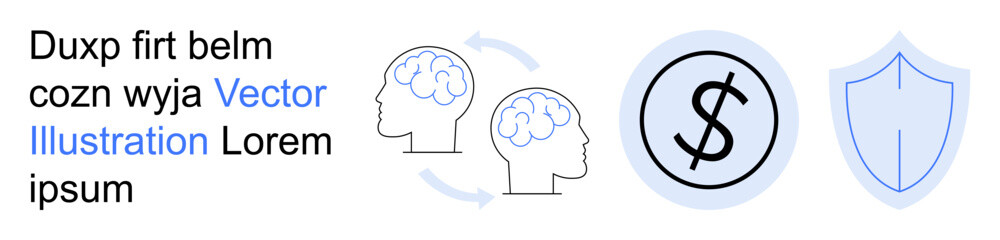 Obraz premium Knowledge sharing, exchange, finance, security, protection, transactions. Two brains linked by arrows, a currency symbol inside a circle and a shield outline. Knowledge sharing and finance concepts