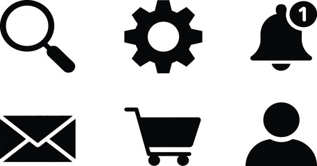 A minimalist graphic showcases four black icons a magnifying glass gear envelope and shopping cart high-quality professional detailed modern elegant © Sumaiya
