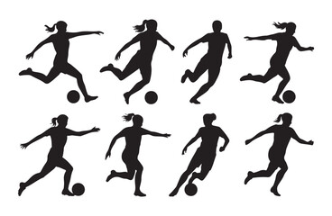 Obraz premium Female soccer player silhouettes set featuring women athletes playing football with ball in motion poses