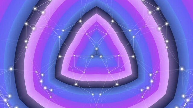 Vibrant purple and blue triangular motion graphic design with white dots and concentric layers in abstract Technology illustration.