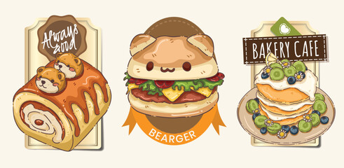 Kawaii Animal Bakery Label Set - Cute Bear Swiss Roll, Kitten Burger "Bearger," and Fruit Pancake Stack