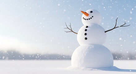 Obraz premium Snowman with Carrot Nose Stick Arms and Black Button Eyes in Snowy Winter Landscape