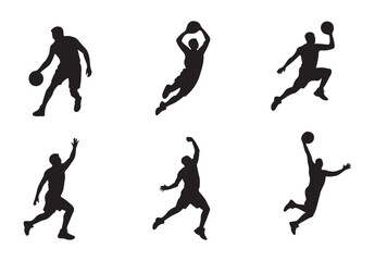 Collection of basketball athlete silhouettes in motion showing jumping shooting and dribbling techniques © Sen