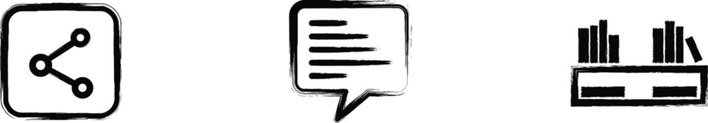 Digital Content and Community Icon Set with Share Button, Blog Post and Library Shelf