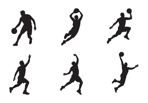 Collection of basketball athlete silhouettes in motion showing jumping shooting and dribbling techniques