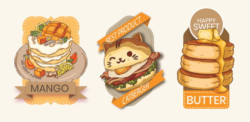 Kawaii Animal Food Illustration Set - Mango Pancake Stack, Cute Catberger, and Fluffy Butter Pancakes