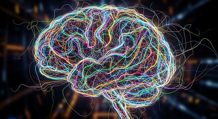 Abstract visualization of a human brain composed of many vibrant glowing neon light wires representing complex neural networks and connectivity on transparent background