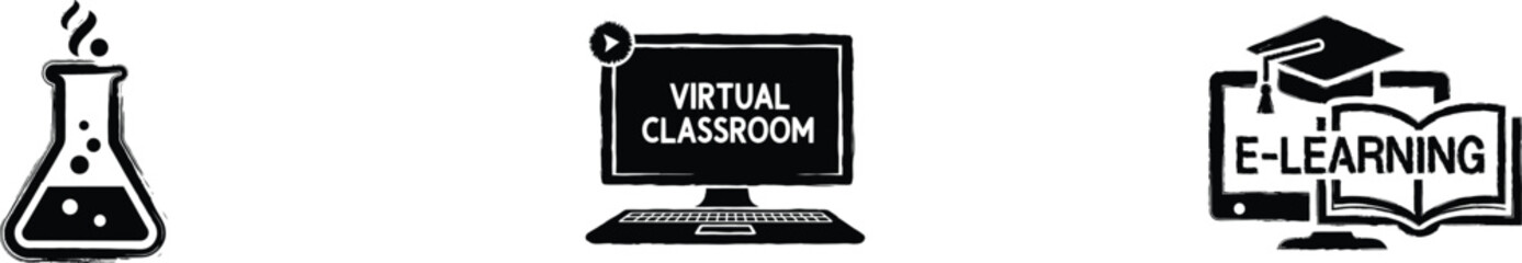 Digital Education Icon Set with Science Experiment, Virtual Classroom and E-learning Platform